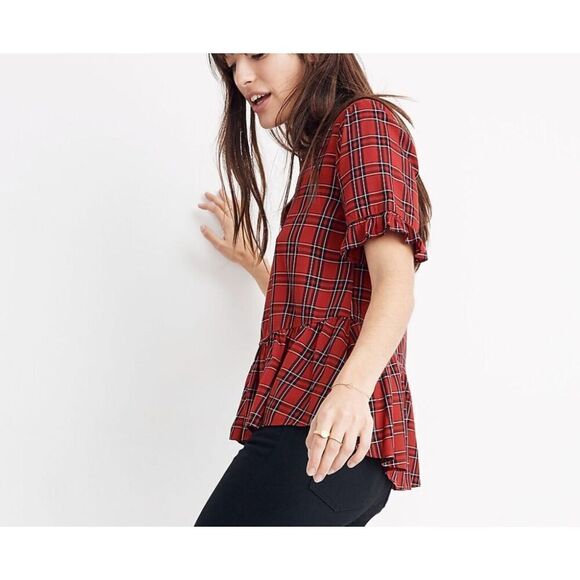 Madewell Studio Ruffle-Hem Top in Clanton Plaid Women's size XXS Red Black - Picture 1 of 8